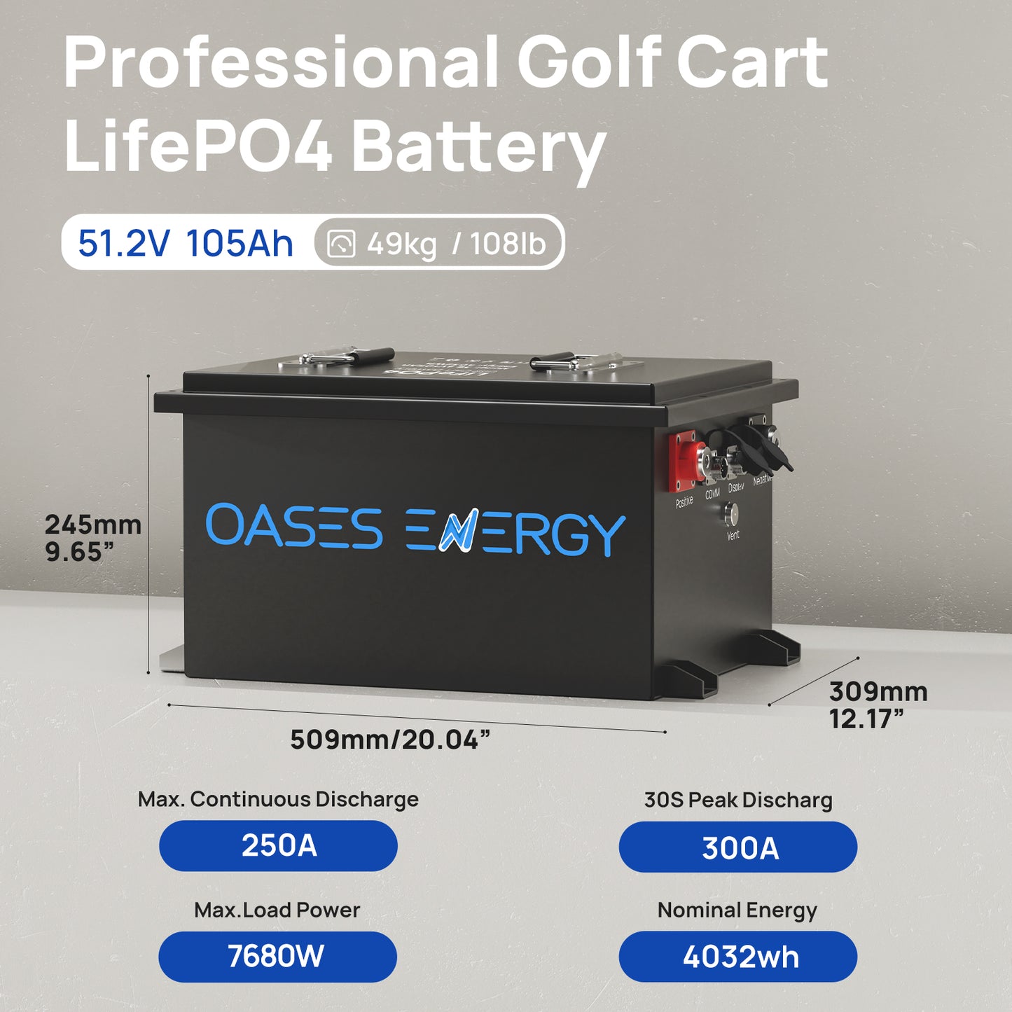 48V 105Ah Lithium Golf Cart Battery, 250A BMS, with Touch Monitor & Mobile APP, with 20A Charger