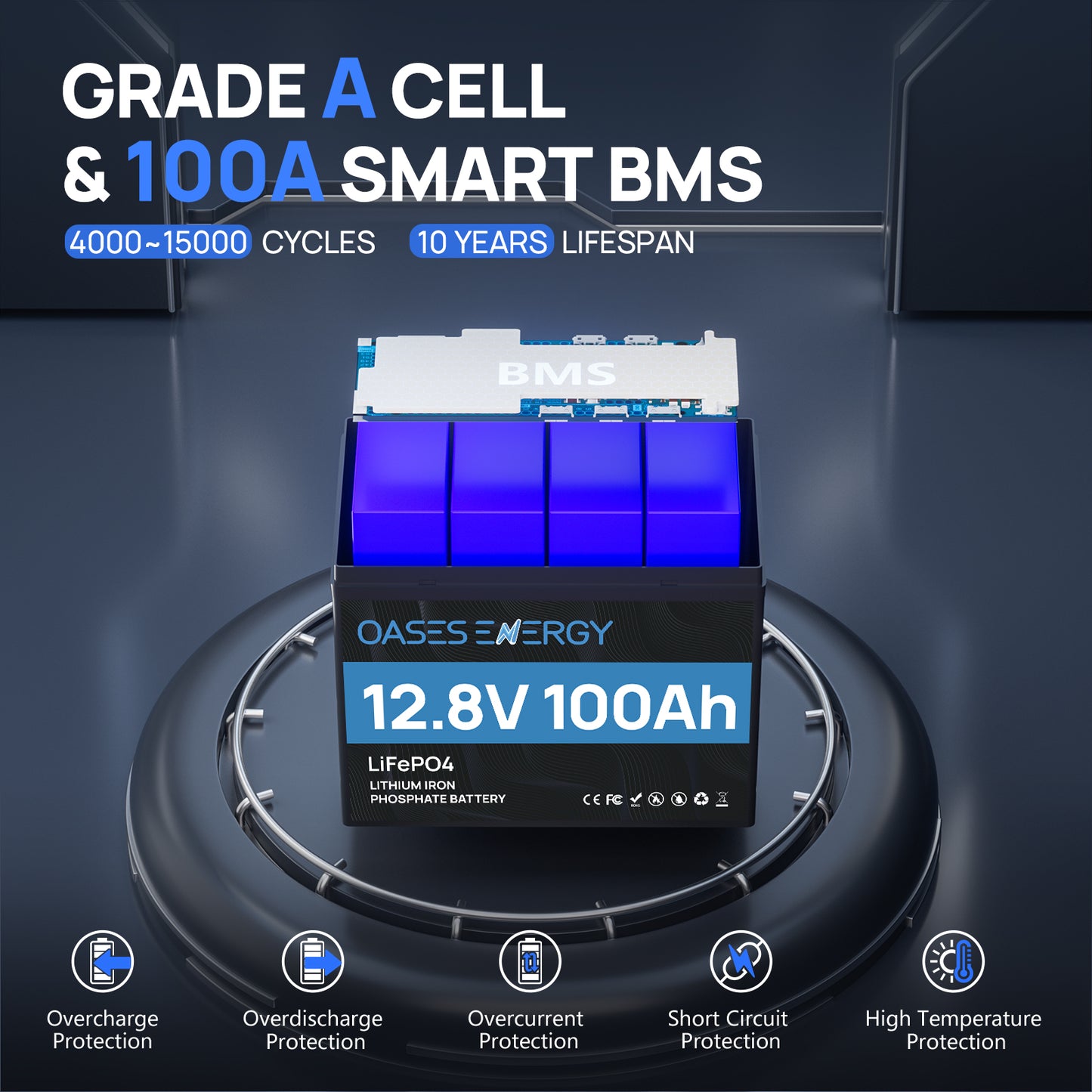 12V 100Ah Mini LiFePO4 Battery, BCI Group 24 Size Built-in 100A BMS