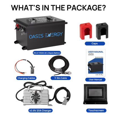 Lithium Golf Cart Battery 36V 105Ah, Built-in Smart 250A BMS, with Touch Monitor & Mobile APP,  LiFePO4 Battery with 20A Charger, Perfect for Golf Carts