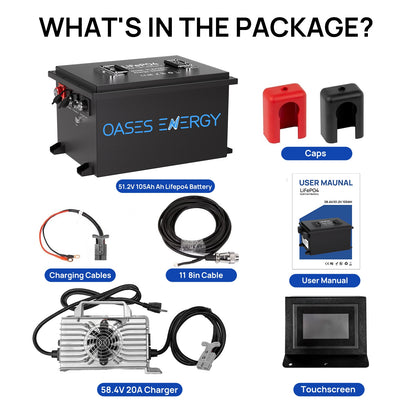 48V 105Ah Lithium Golf Cart Battery, 250A BMS, with Touch Monitor & Mobile APP, with 20A Charger